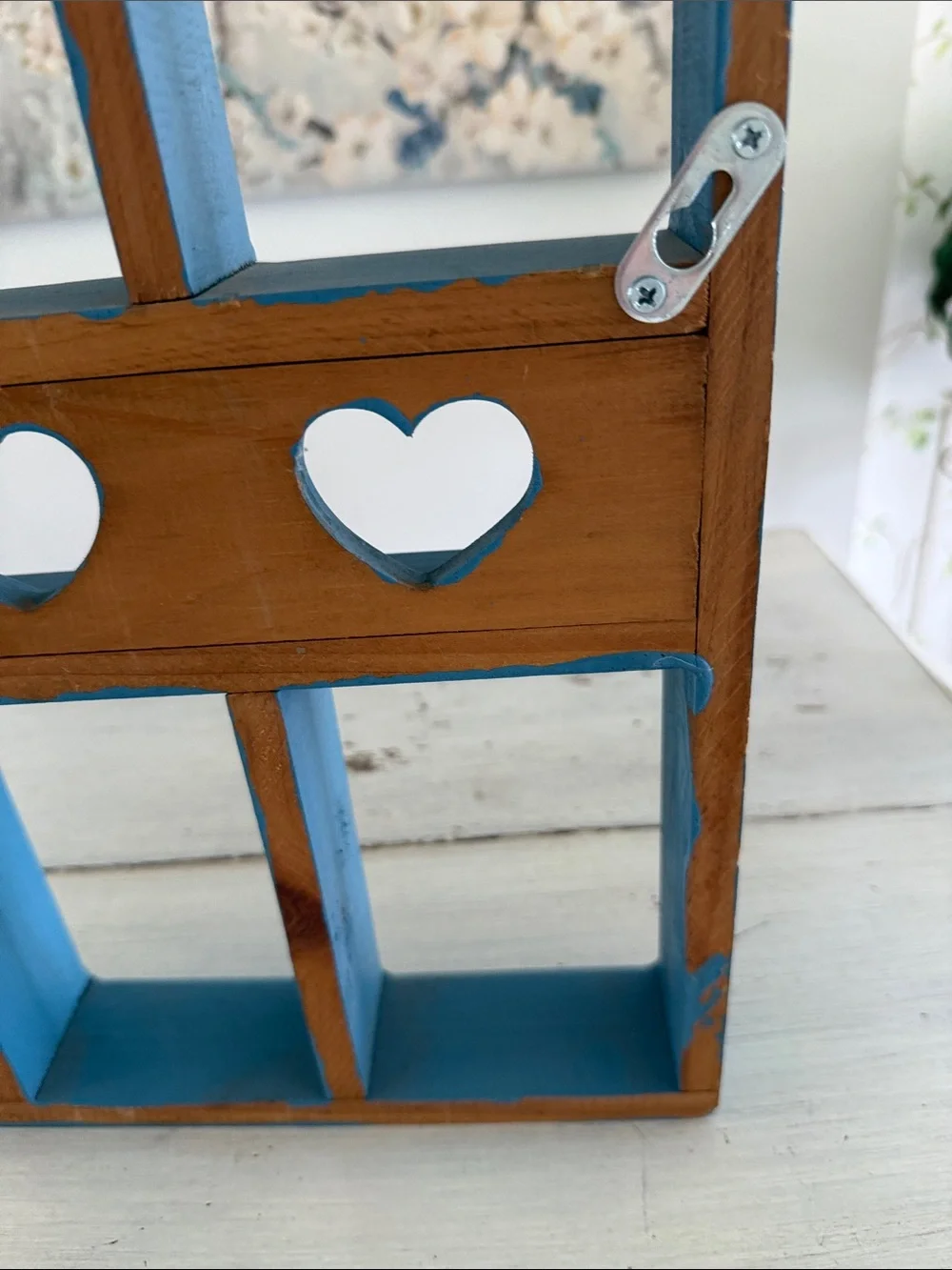 Vintage Blue Wooden Multi-Compartment Heart Cutouts Wall Shelf